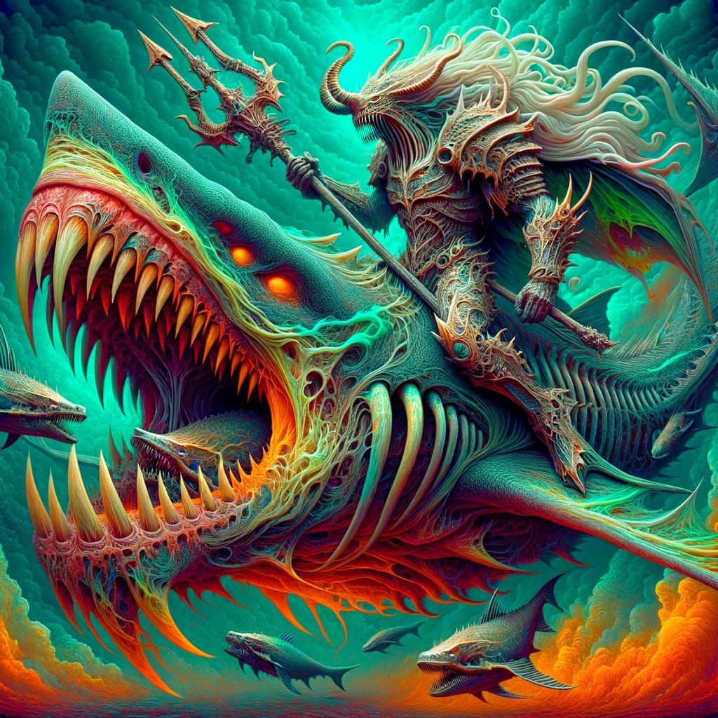 Surreal Fantasy Figure Flees from Kraken, Riding Hybrid Shar...