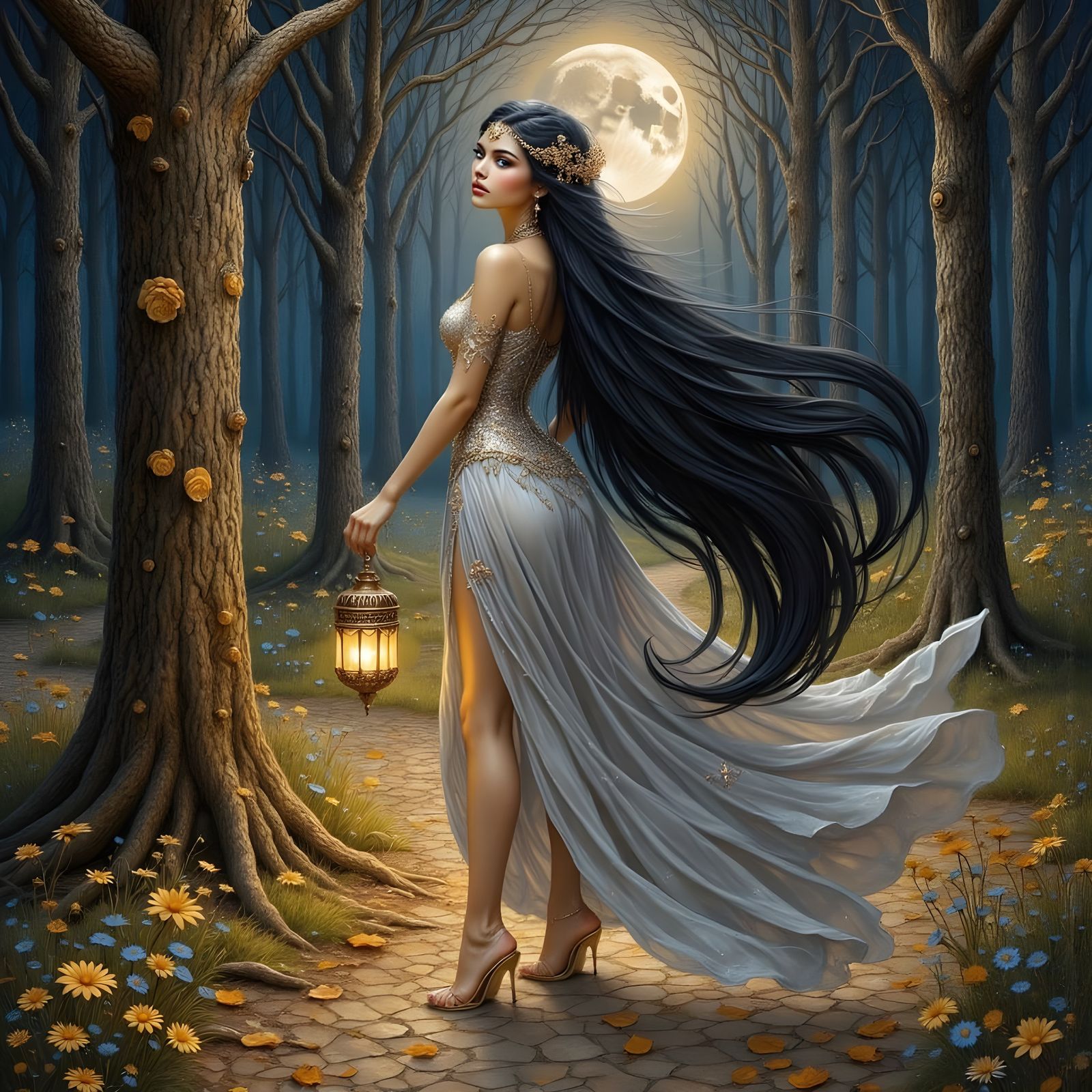Hauntingly Beautiful Norse Goddess Walking in Woodland