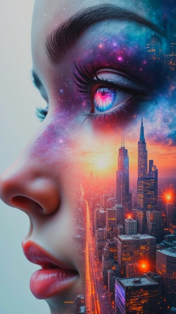 Eye in Double Exposure with Cityscape