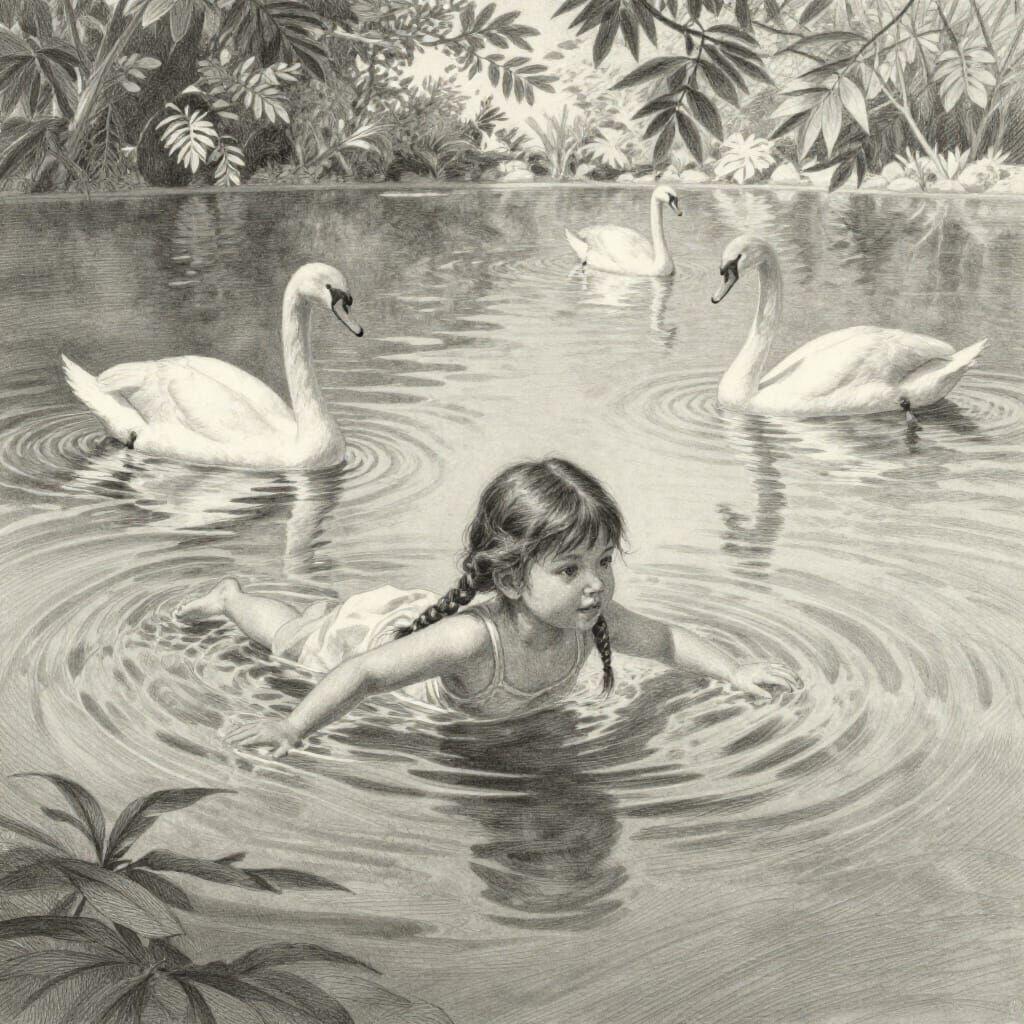 Pencil Sketch of Girl Swimming with Swans in Sunlit Lake