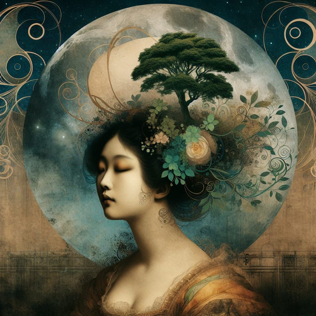 Ecopunk Rococo Woman with Tree: Symbolist Art