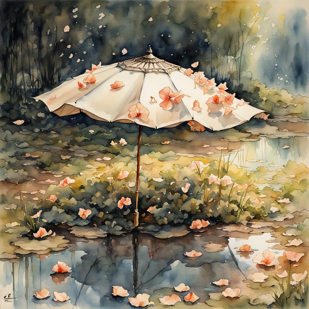 Elegant Watercolor Parasol with Flower Petals