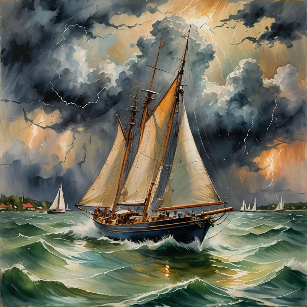 Sailboat Braving Lightning Storm as Impasto Gouache