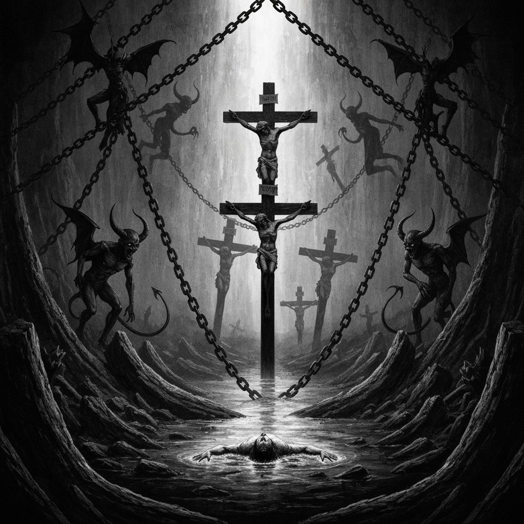 Macabre Abyss with Drowning Figure and Demons