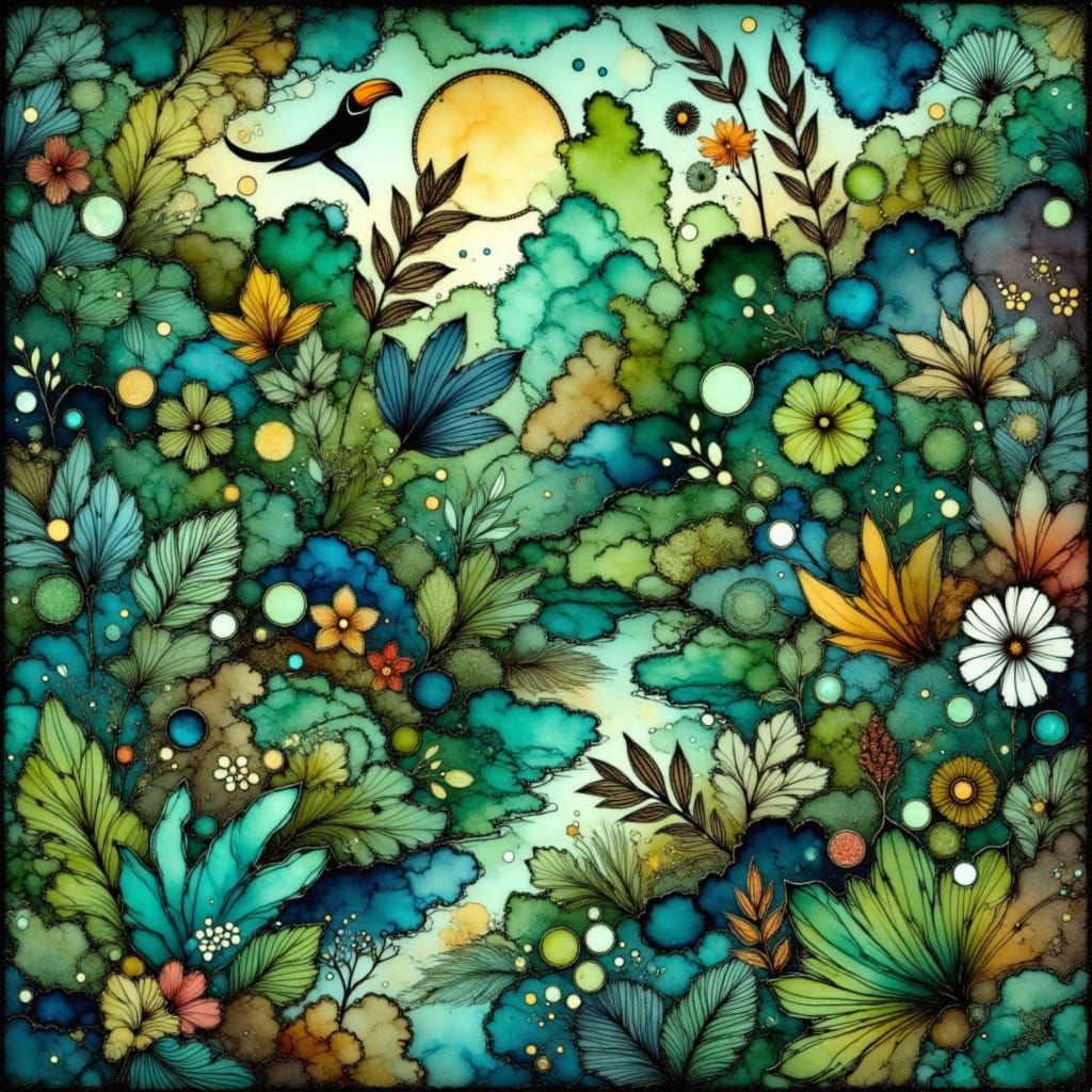 Lush Jungle Landscape in Abstract Geometric Style