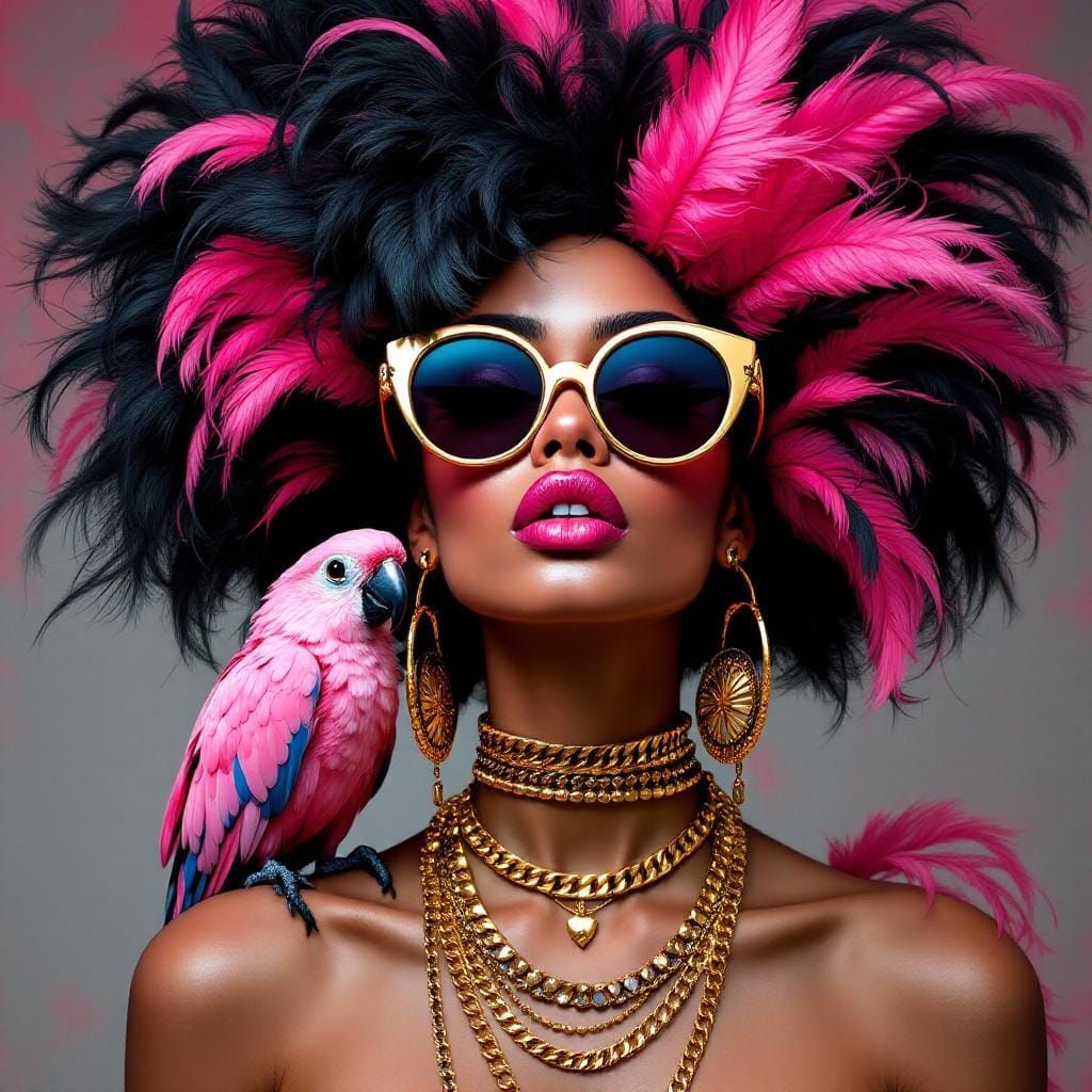 Acrylic and chock, highly detailed, vibrant, hyper, stylized, digital portrait of a fierce woman with long voluminous, p...