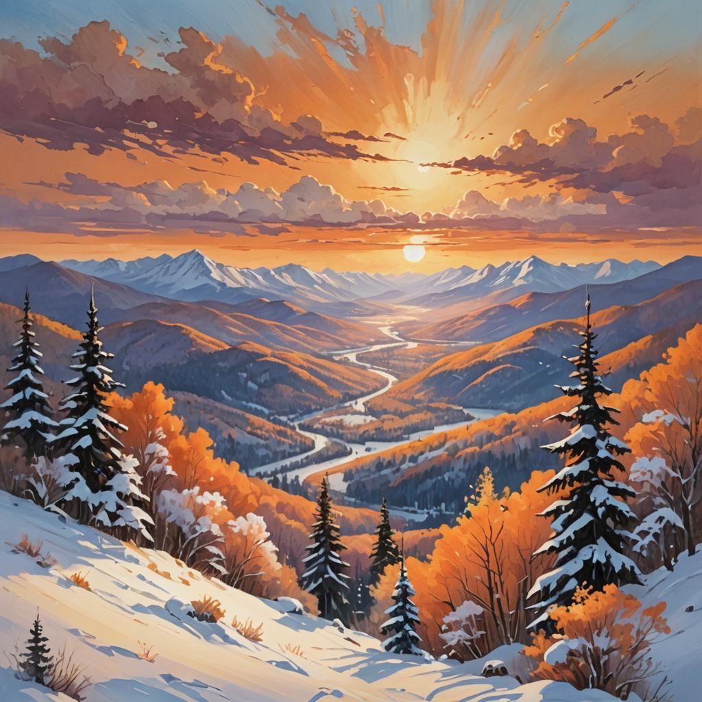 Snowy Mountains at Sunset: An Oil Painting
