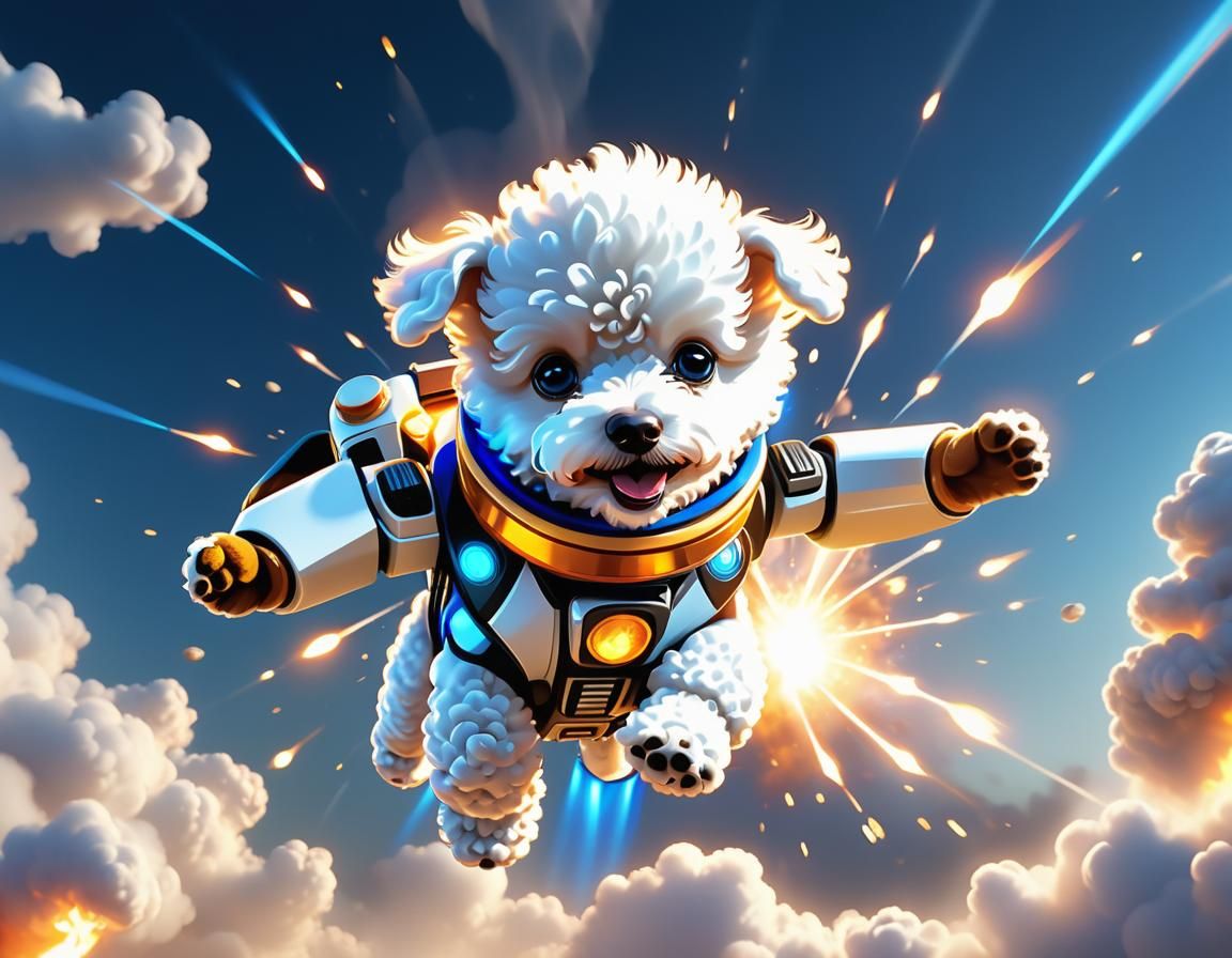 Flying Poodle Puppy with Jetpack in Cartoon Style