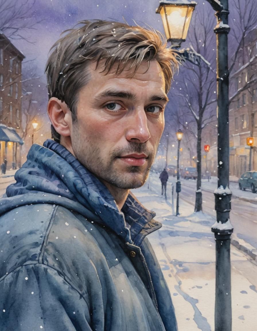 Man in Snowy Street: Watercolor Winter Night