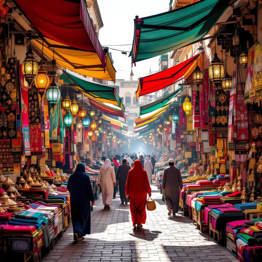 Bustling Moroccan Marketplace with Lanterns and Textiles