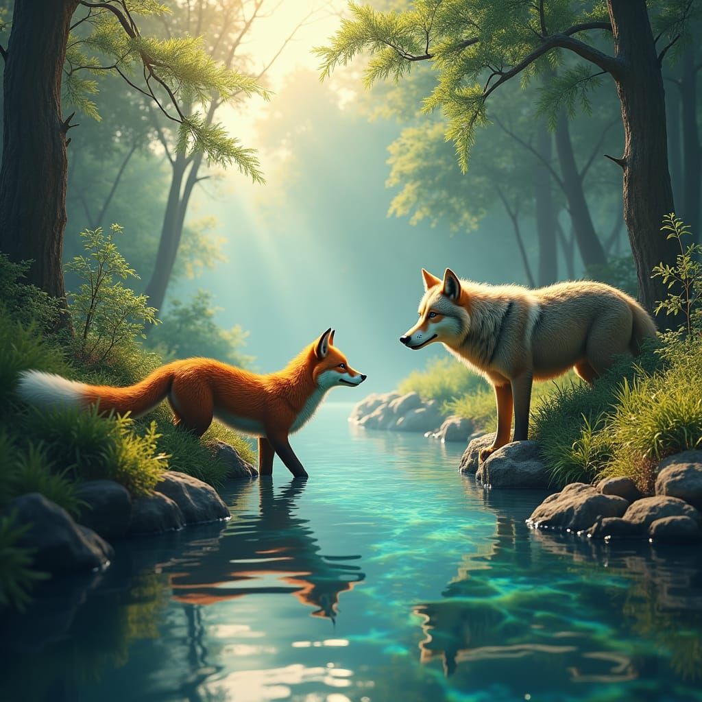 Wolf and Fox in Dreamlike Forest Landscape