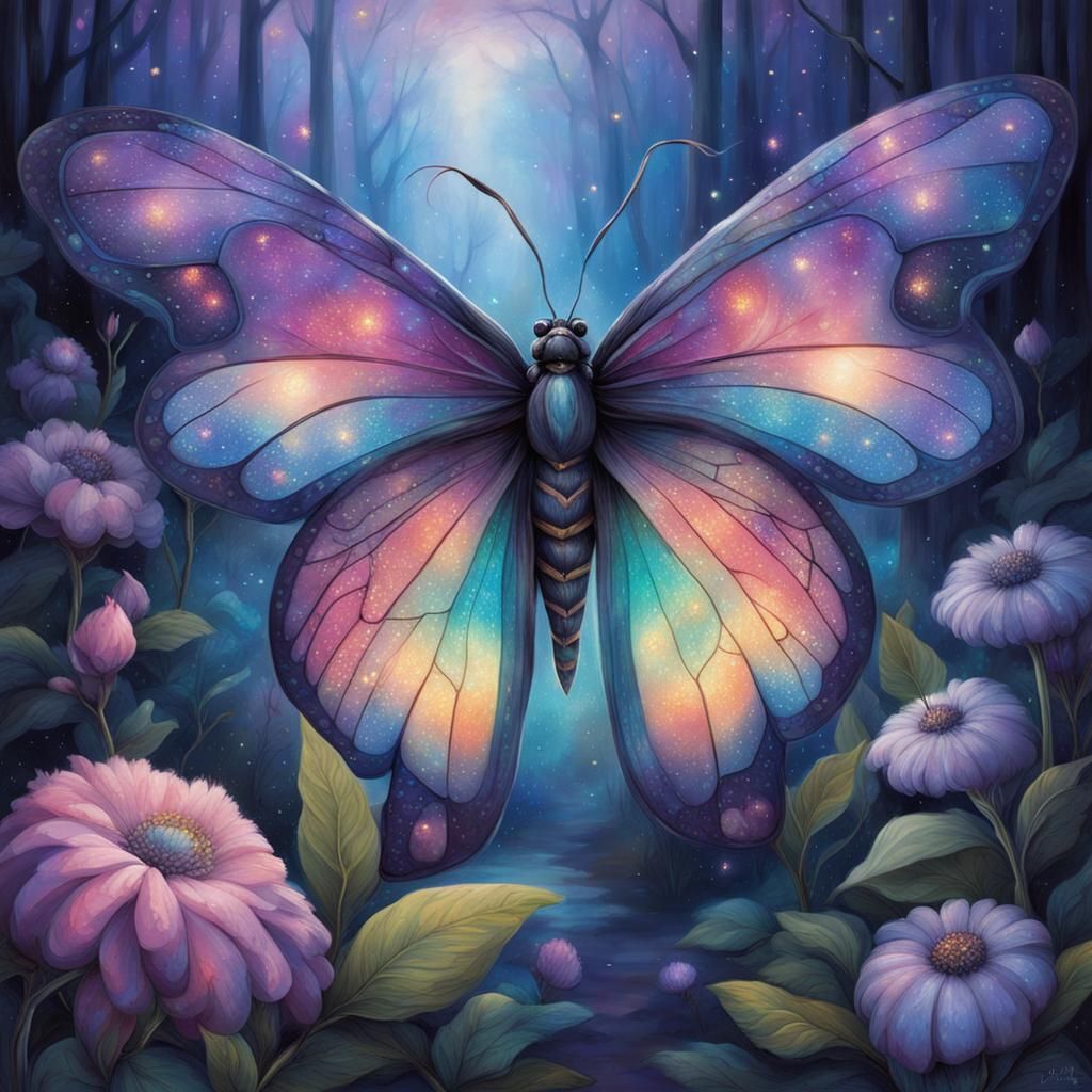 Opalescent Moth in Enchanted Twilight Garden