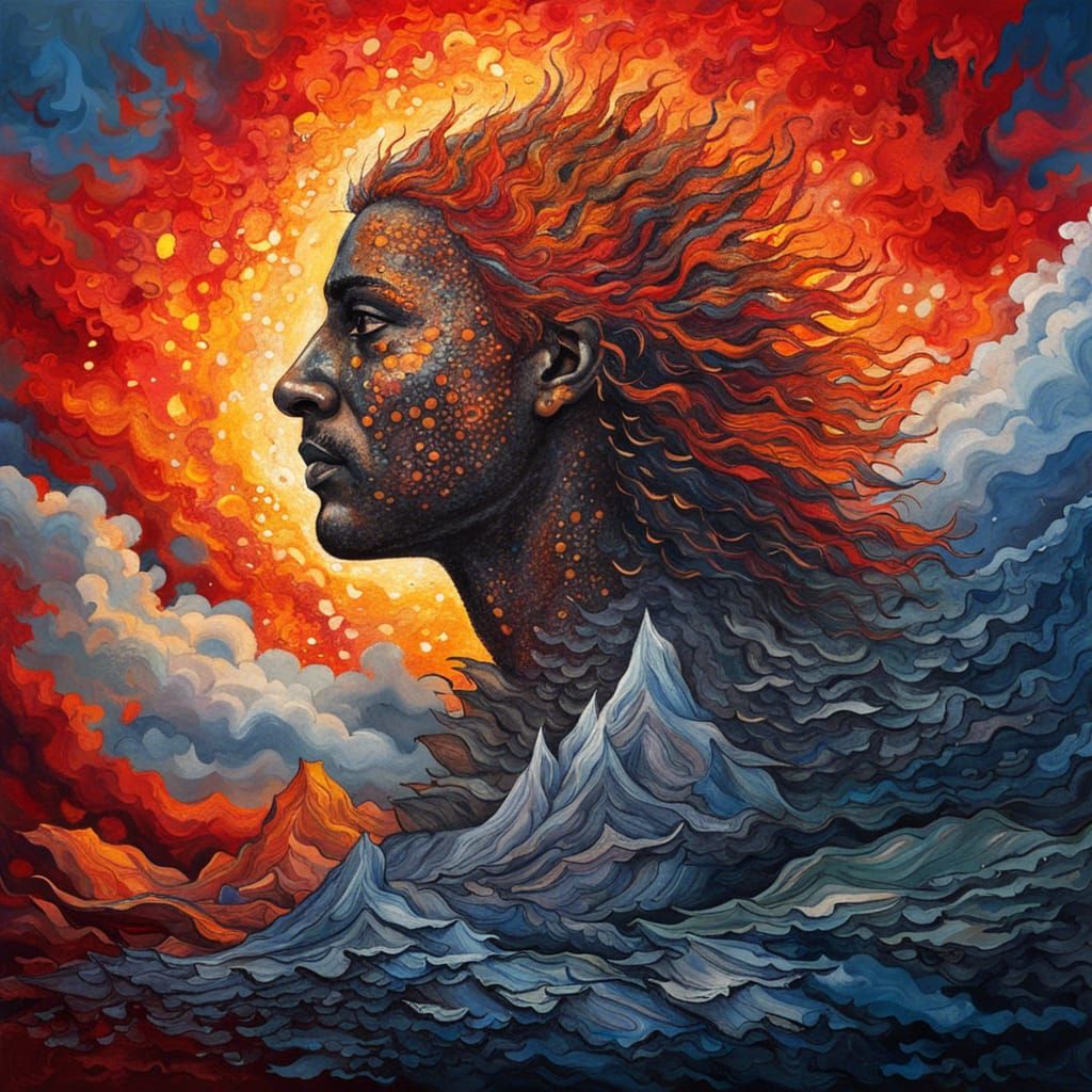 Epic Half-Demon Half-Angel God in Fiery Sunrise