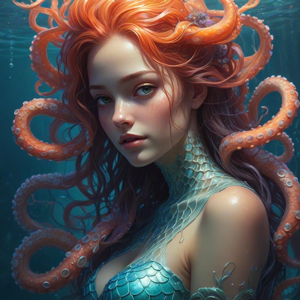 Bioluminescent Mermaid with Octopus, Oil Painting