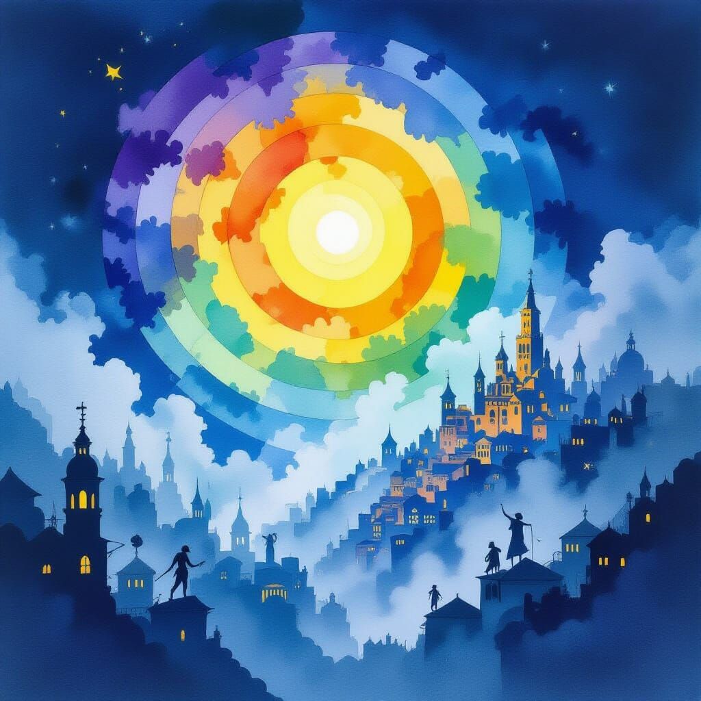 Surreal Concentric Circles Dissolving into Sky Pirate City