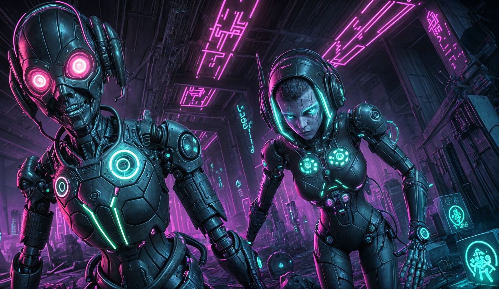 Eerie Cybernetic Graveyard with Neon Glow