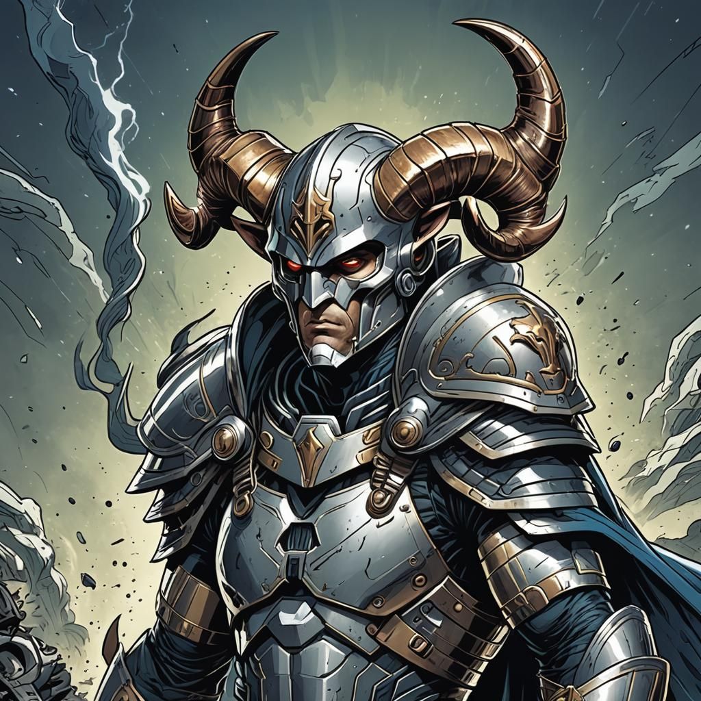 Ram Horn Helmeted Superhero in Cartoon Style