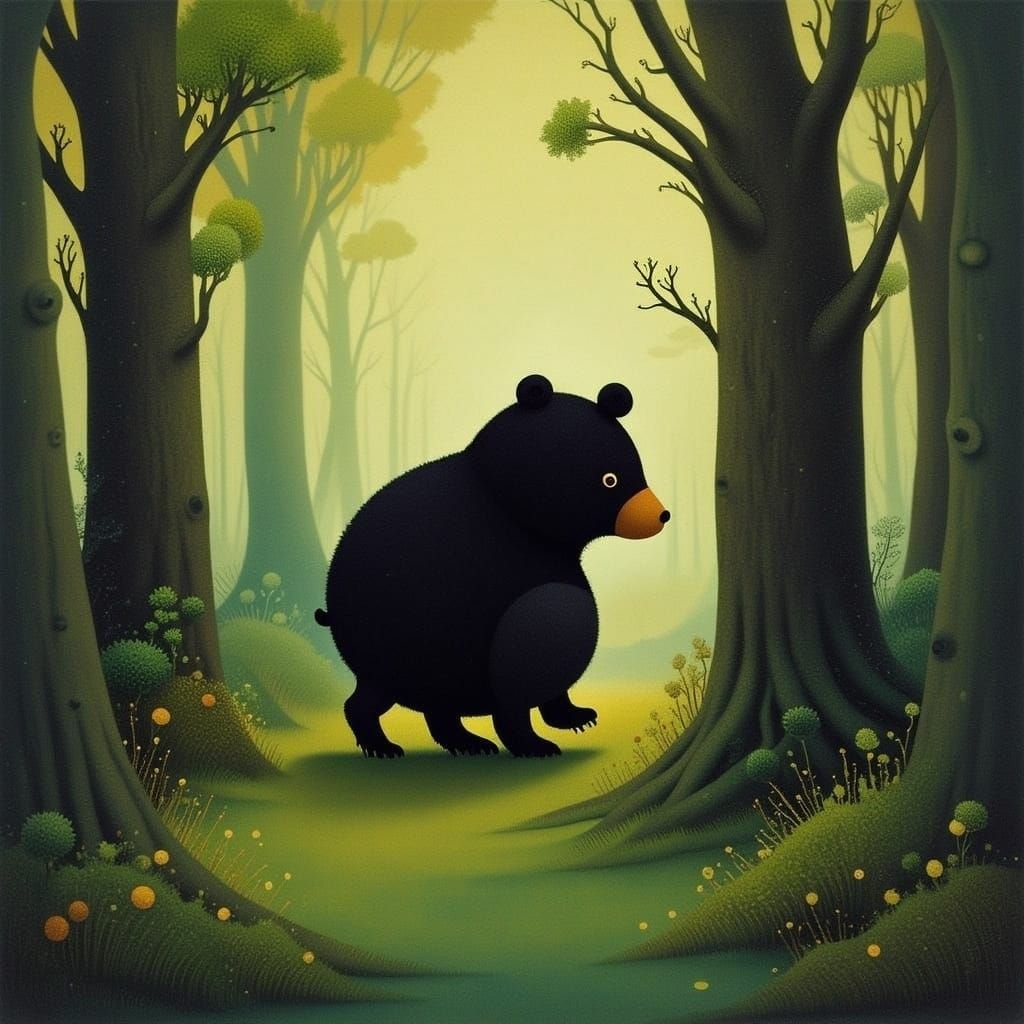 Chubby Black Bear Strolls Through Misty Forest in Impression...