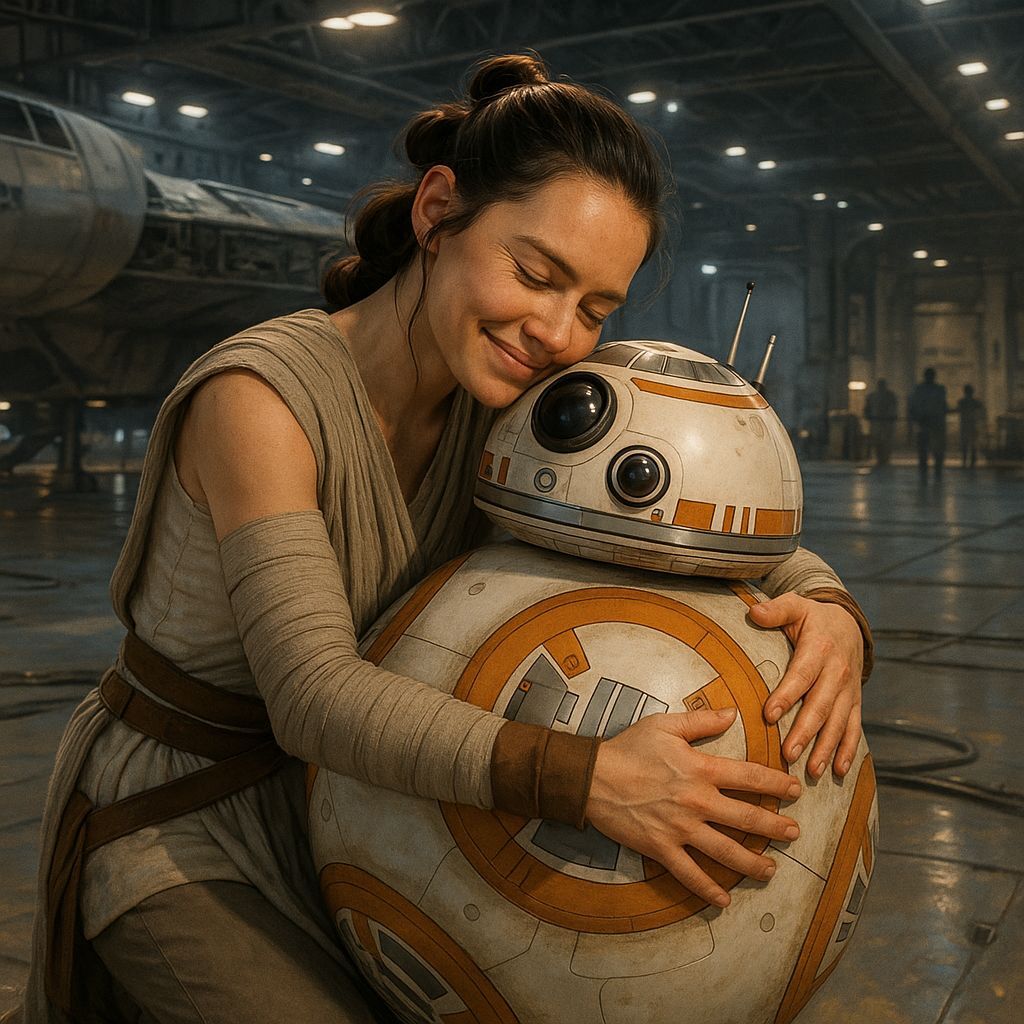Rey Skywalker Hugs BB-8 in Starship Hangar