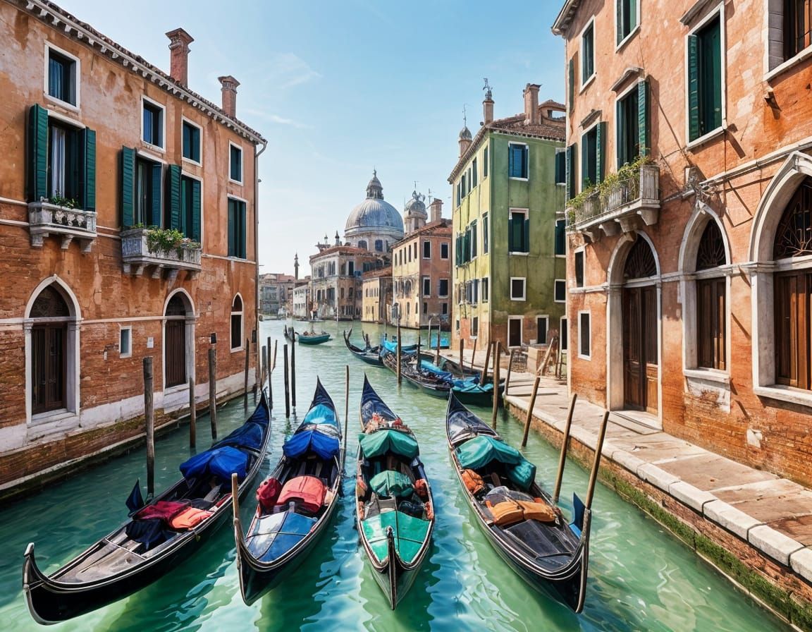 Venice Gondolas on Calm Water in Watercolor Style