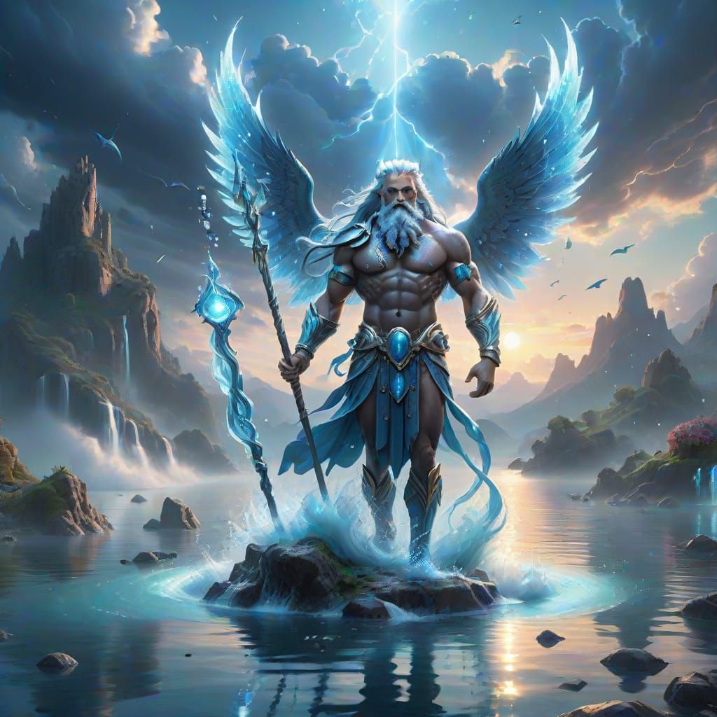 Ethereal God Neptune Walks on Water and Clouds in Fantasy Re...