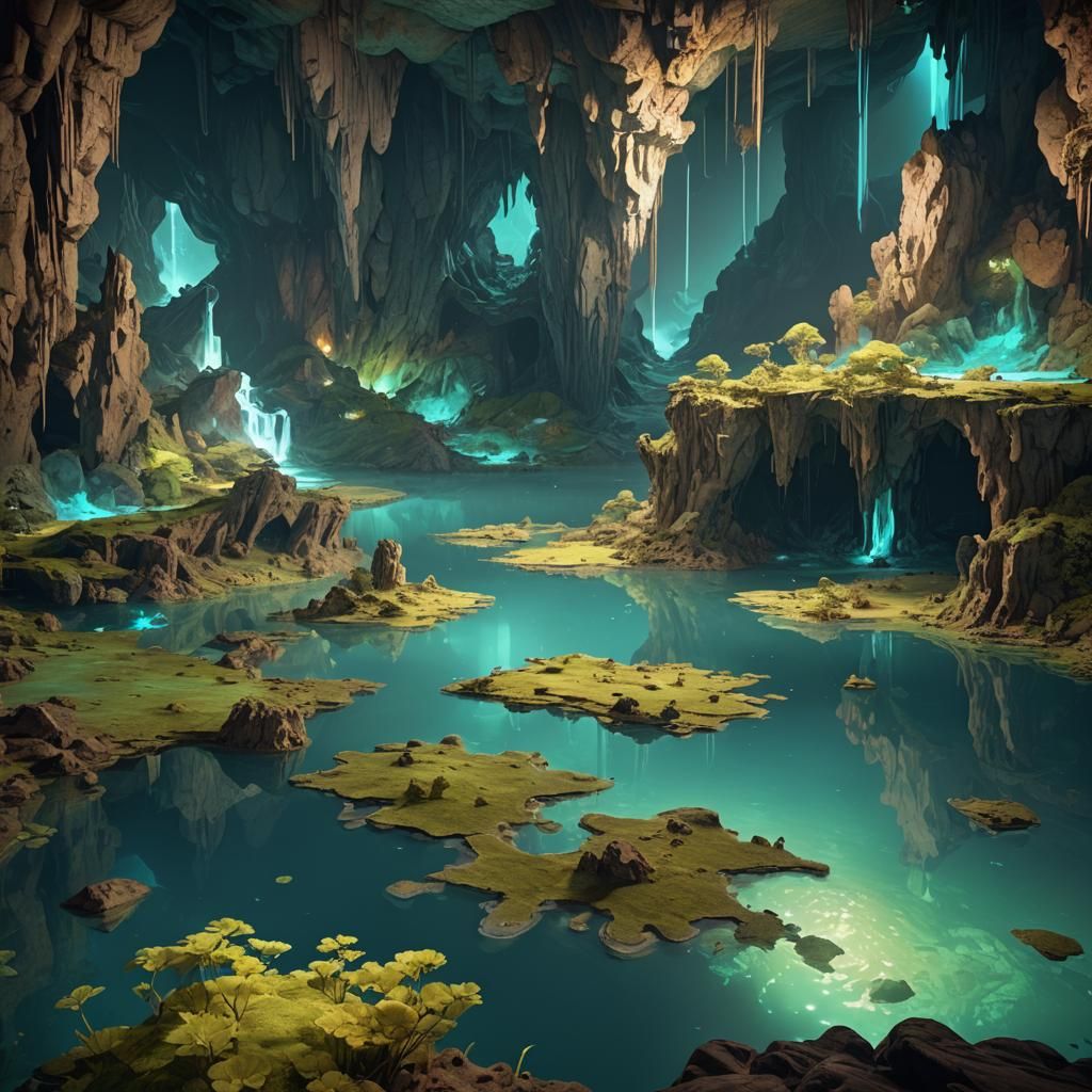 Glowing Subterranean Lake with Floating Islands
