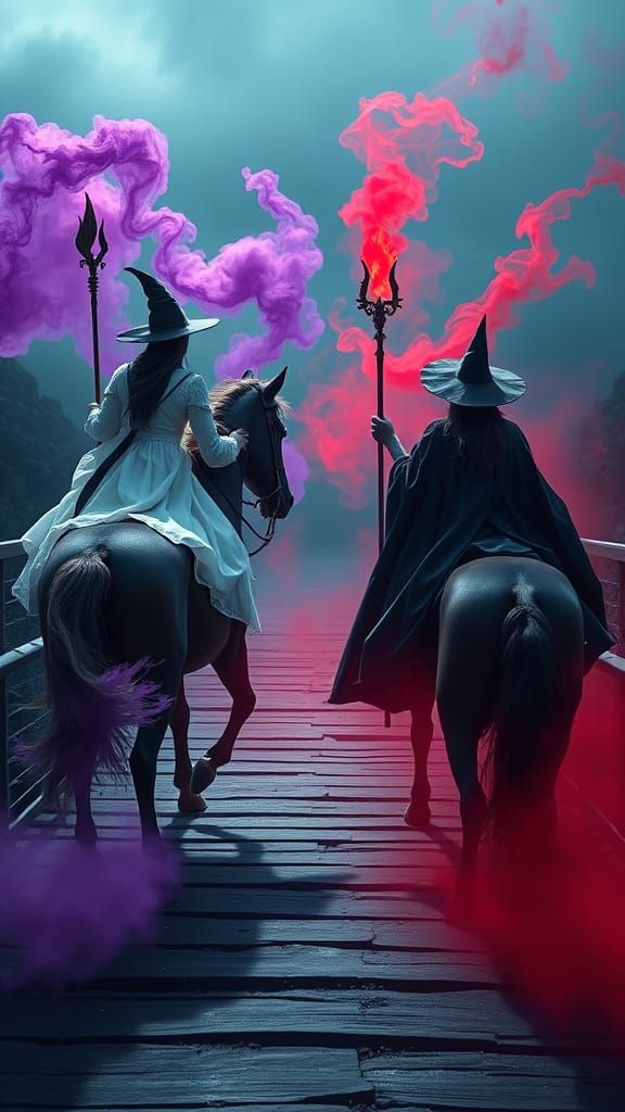 Witches Battle on Sacred Bridge with Mystical Mists