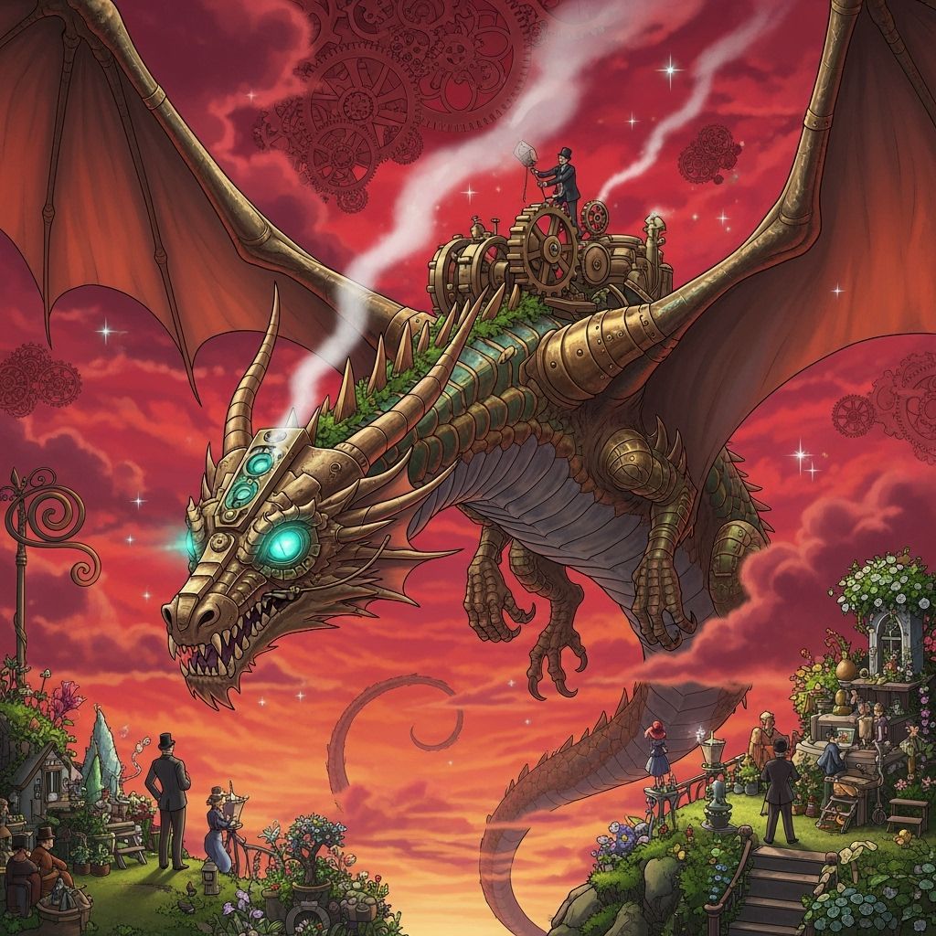 Steampunk Dragon Soaring Through Crimson Skies