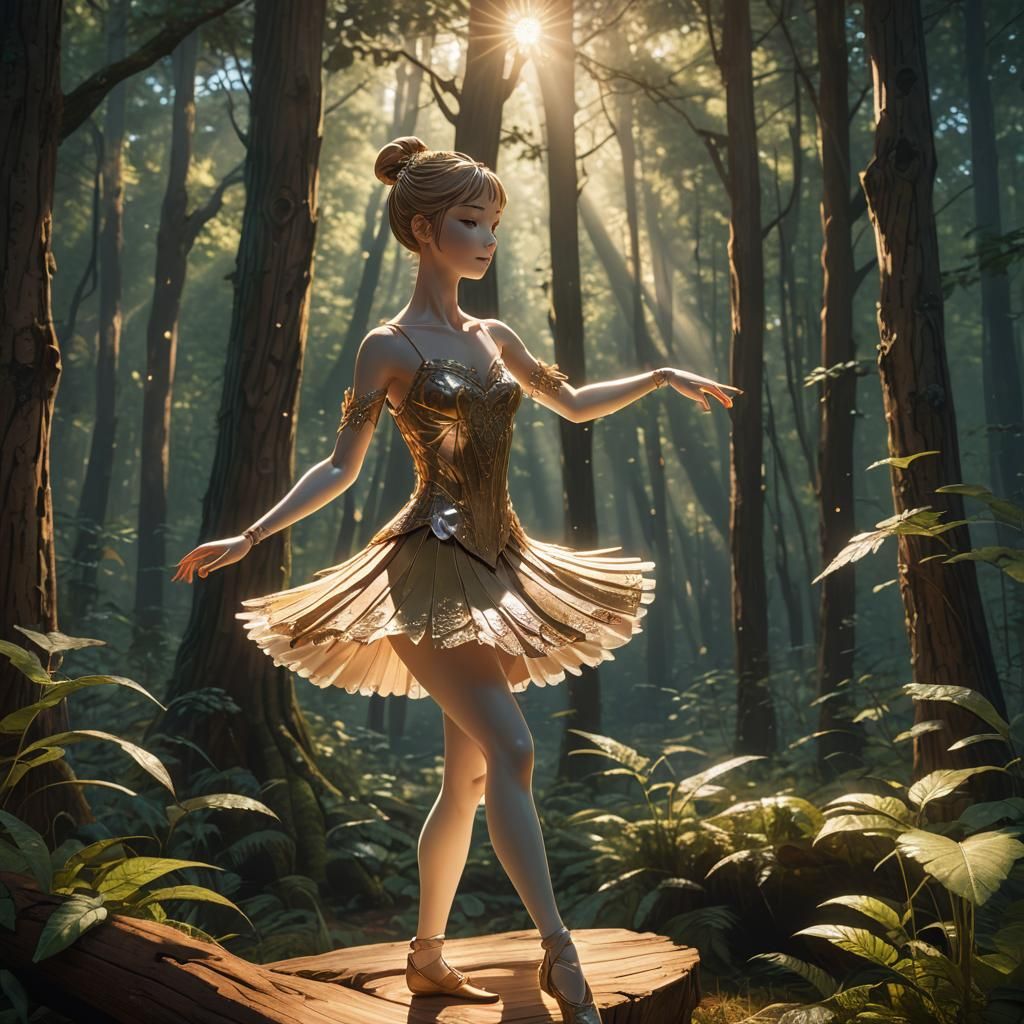 Wooden Ballerina in Forest Clearing: 3D Anime Art