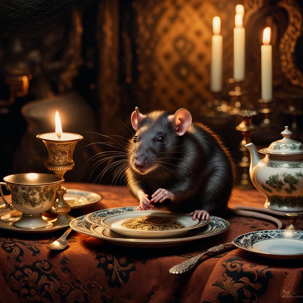 Black Rat at Dinner, Rembrandt-Style Oil Painting
