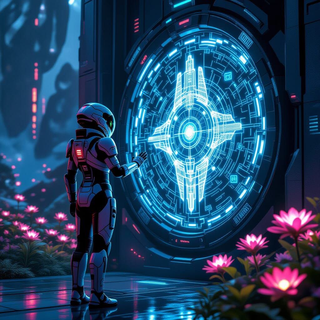 Astronaut Approaches Cybernetic Alien Door