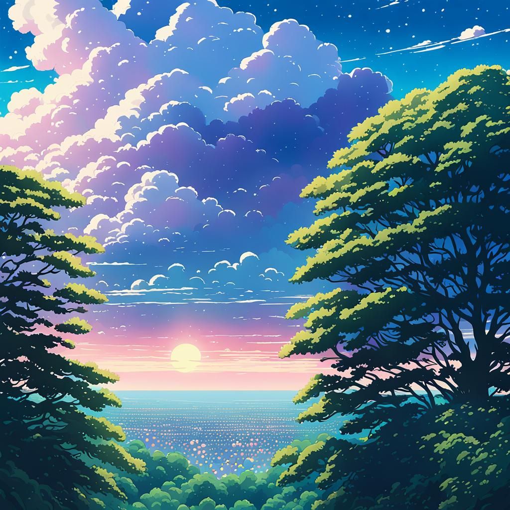 Anime Window with Velvet Curtains in Dreamy Pastel Sky