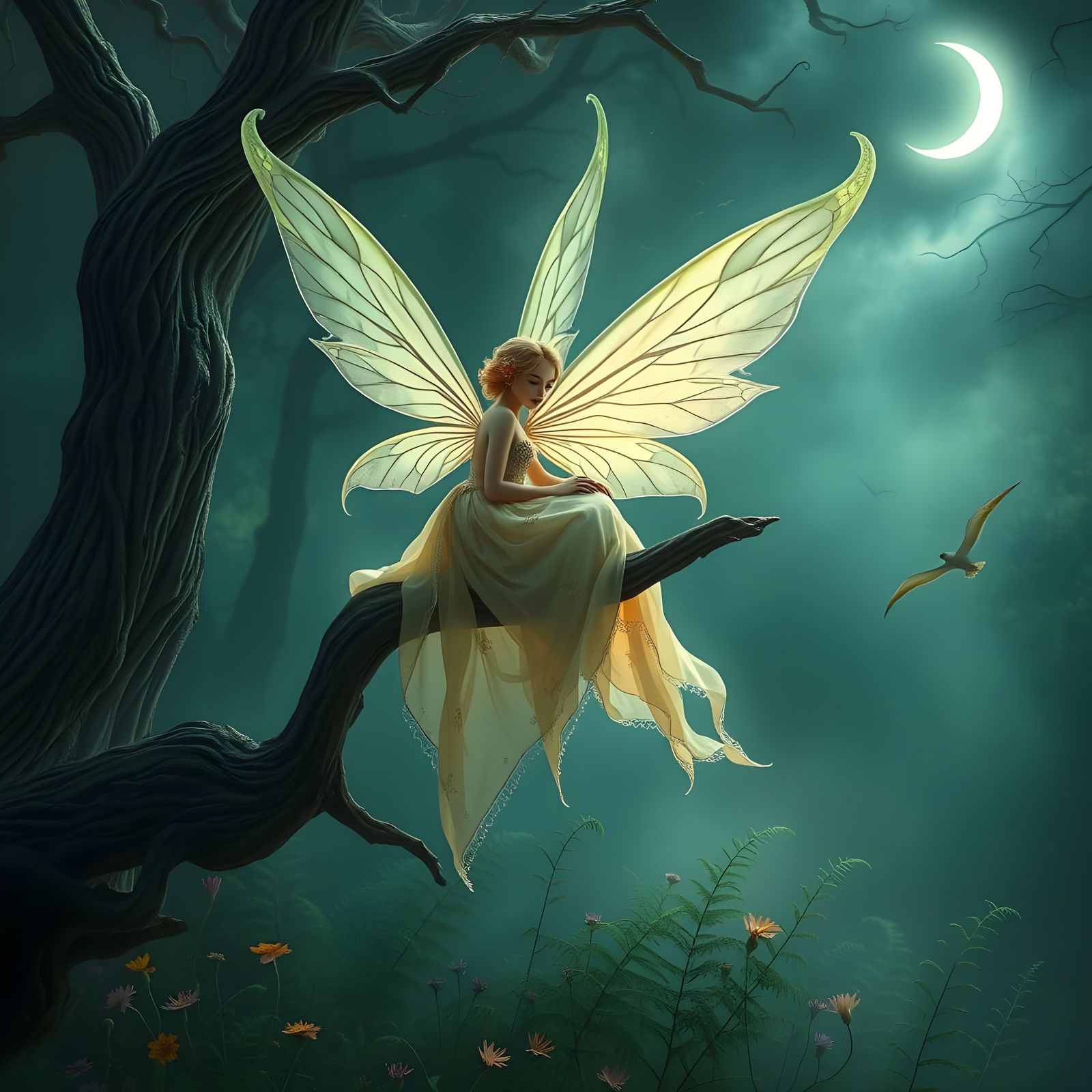 Enchanted Fairy Under Crescent Moon