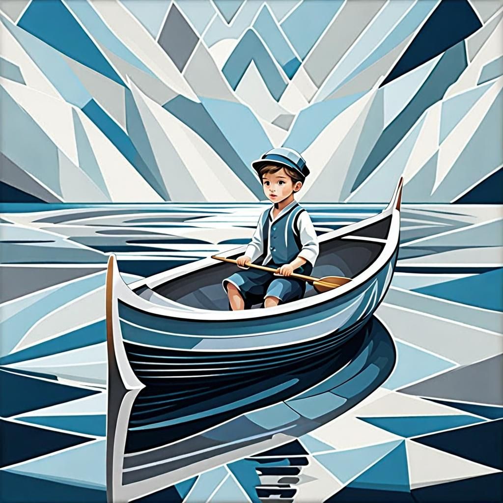 Boy Paddling Boat in Ocean: Cubist Digital Art