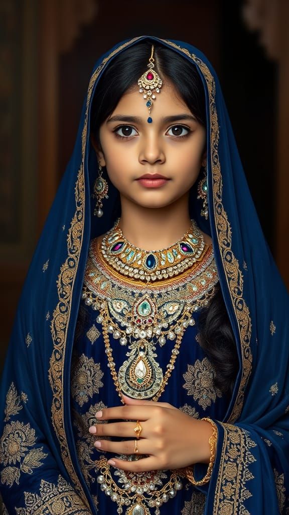 Young Girl in Regal Eid Attire with Crystal Embroidery and K...