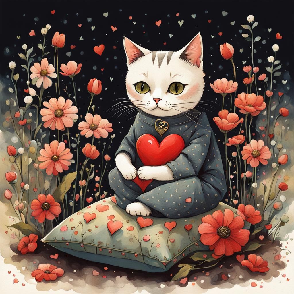 Cute Cat Amongst Flowers in Gothic Art Style