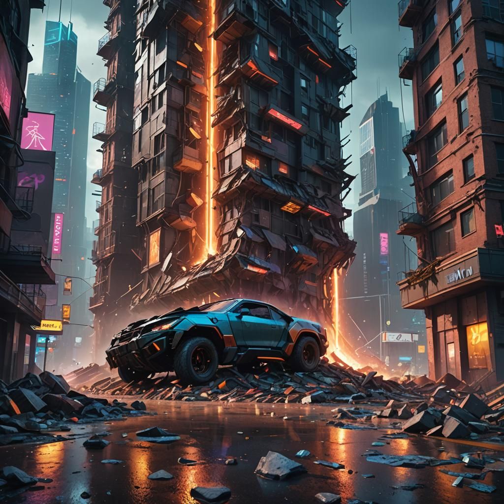 Futuristic Tower Collapses in Sci-Fi Cityscape