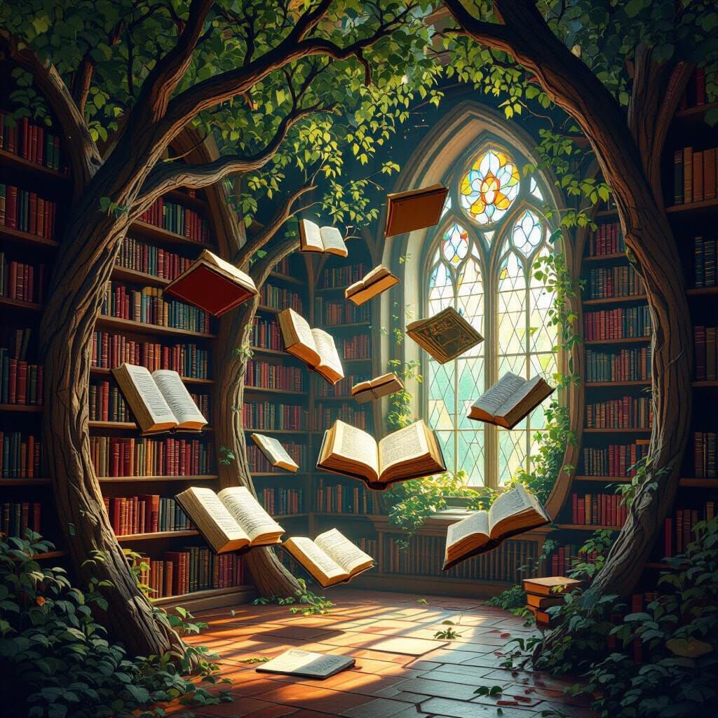 Whimsical Floating Book Library in Maximalist Style