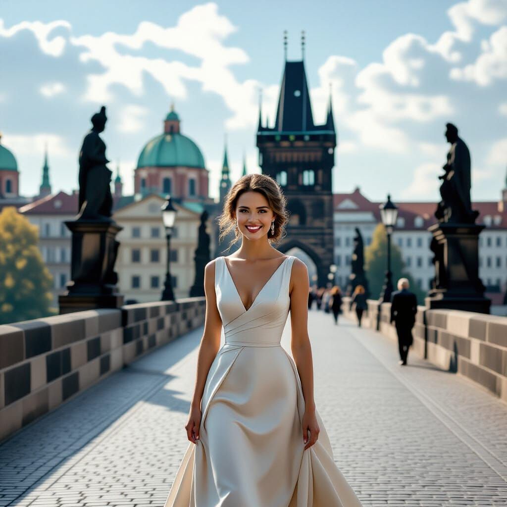 Woman Smiling on Charles Bridge, Cinematic Film Still
