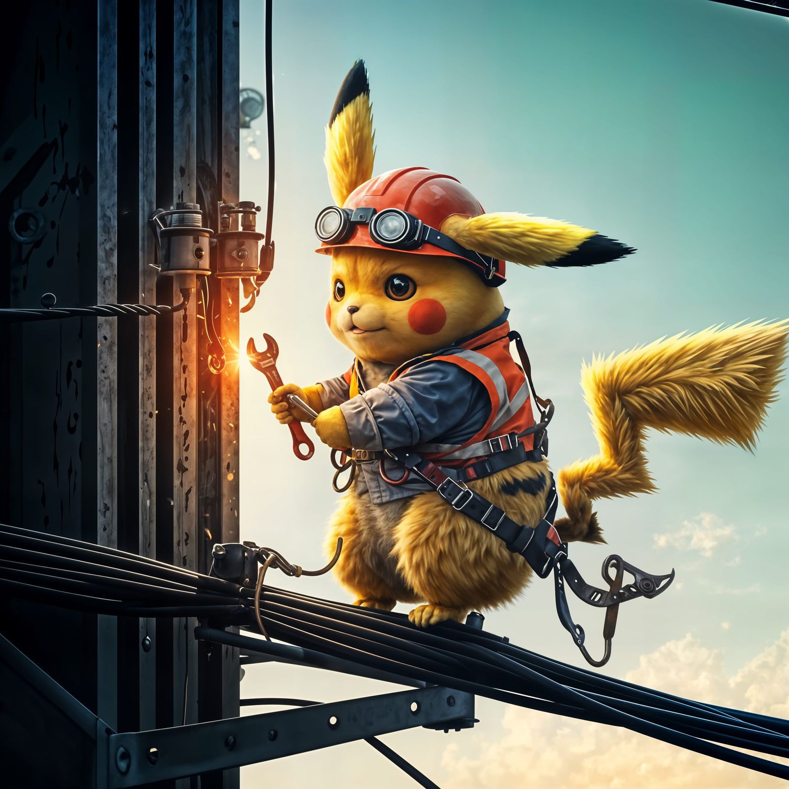 Pikachu Inspects and Repairs High Voltage Cables in Modern I...