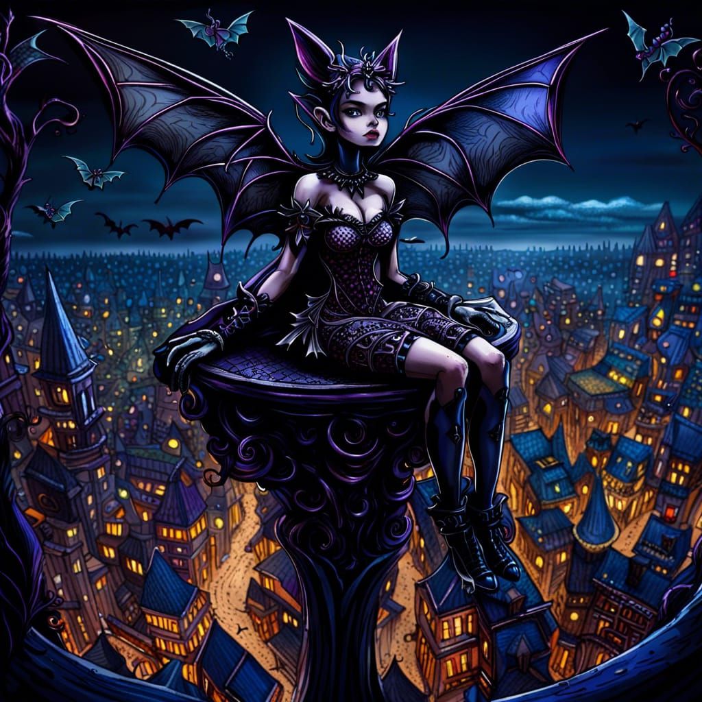 Bat Girl Contemplates Fantasy Kingdom at Night