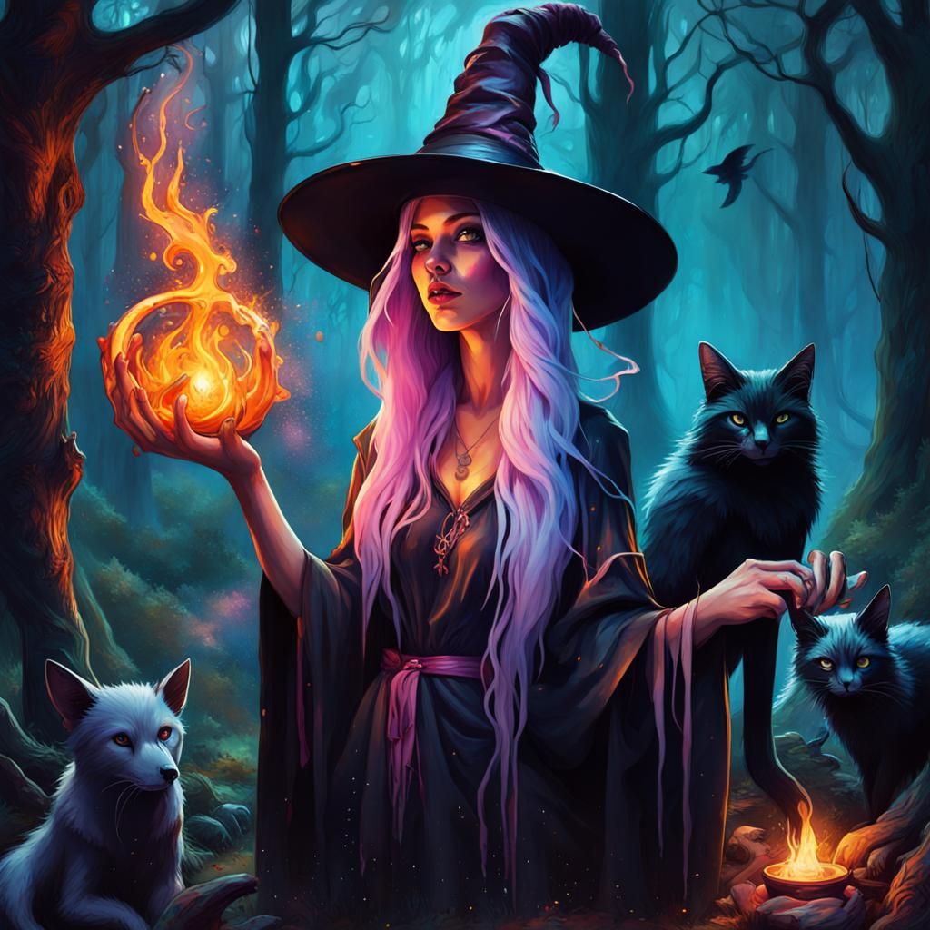 Earth Witch Casting Spell in Dark Forest, Graffiti Art
