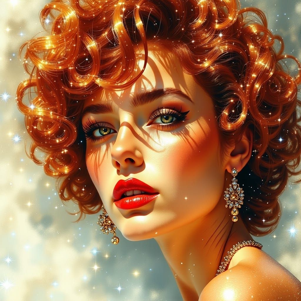1980s Auburn Haired Woman with Bold Makeup and Iridescent Mi...
