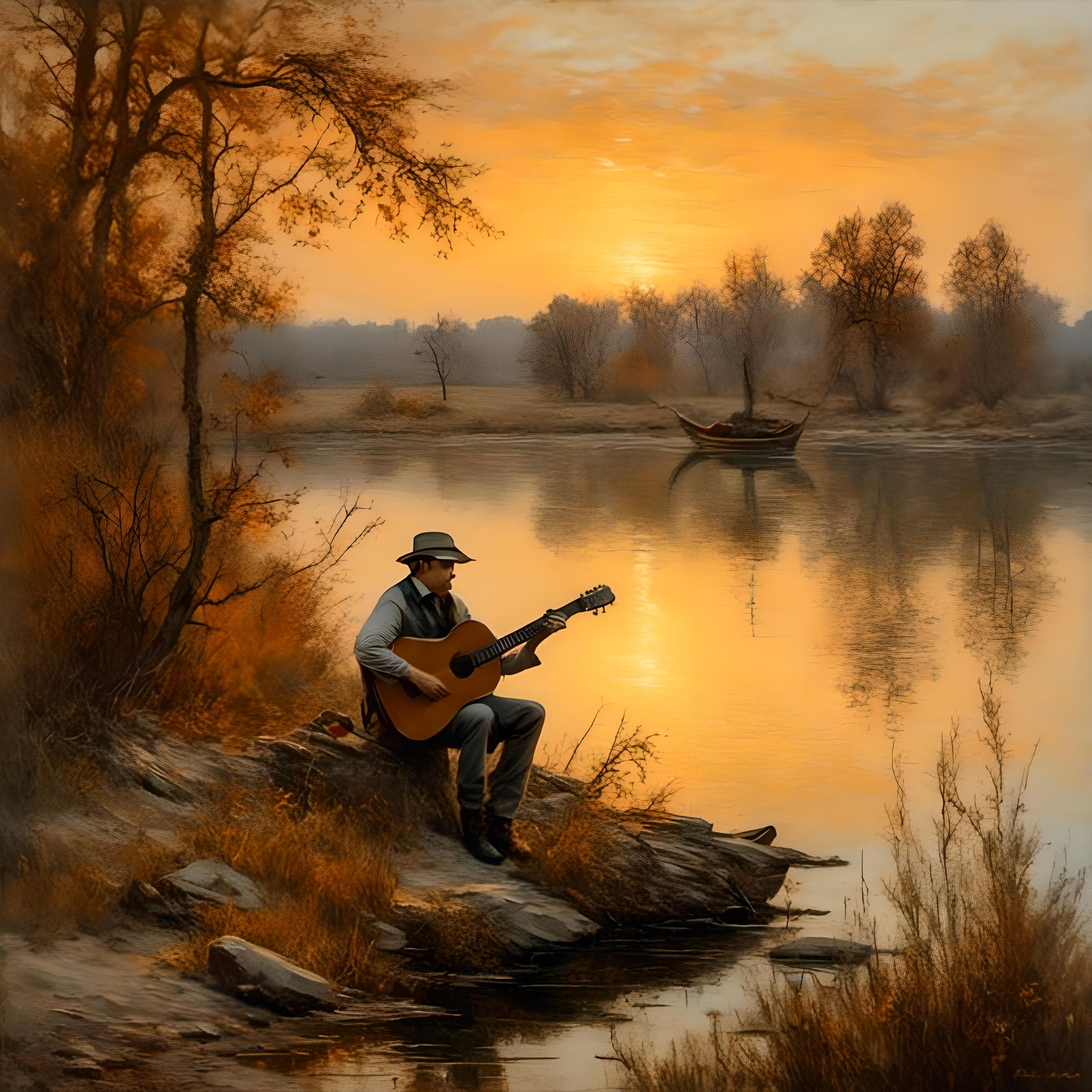 Folk Singer by Lake Shore, Romantic Oil Painting