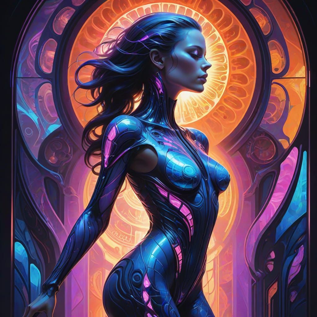 Glamorous Cyberpunk Goddess in Luminous Stained-Glass Bodysu...