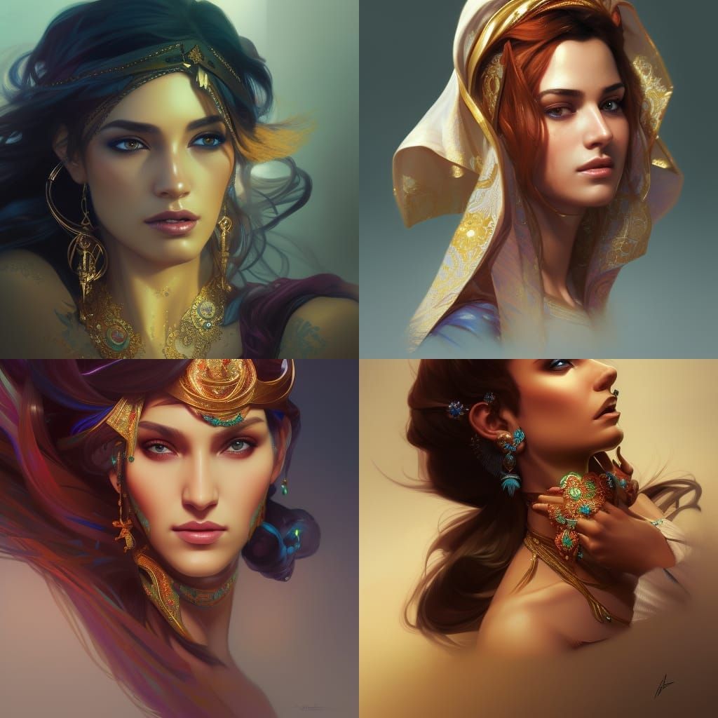 Detailed Portrait of an Arabian Queen in Art Nouveau Style