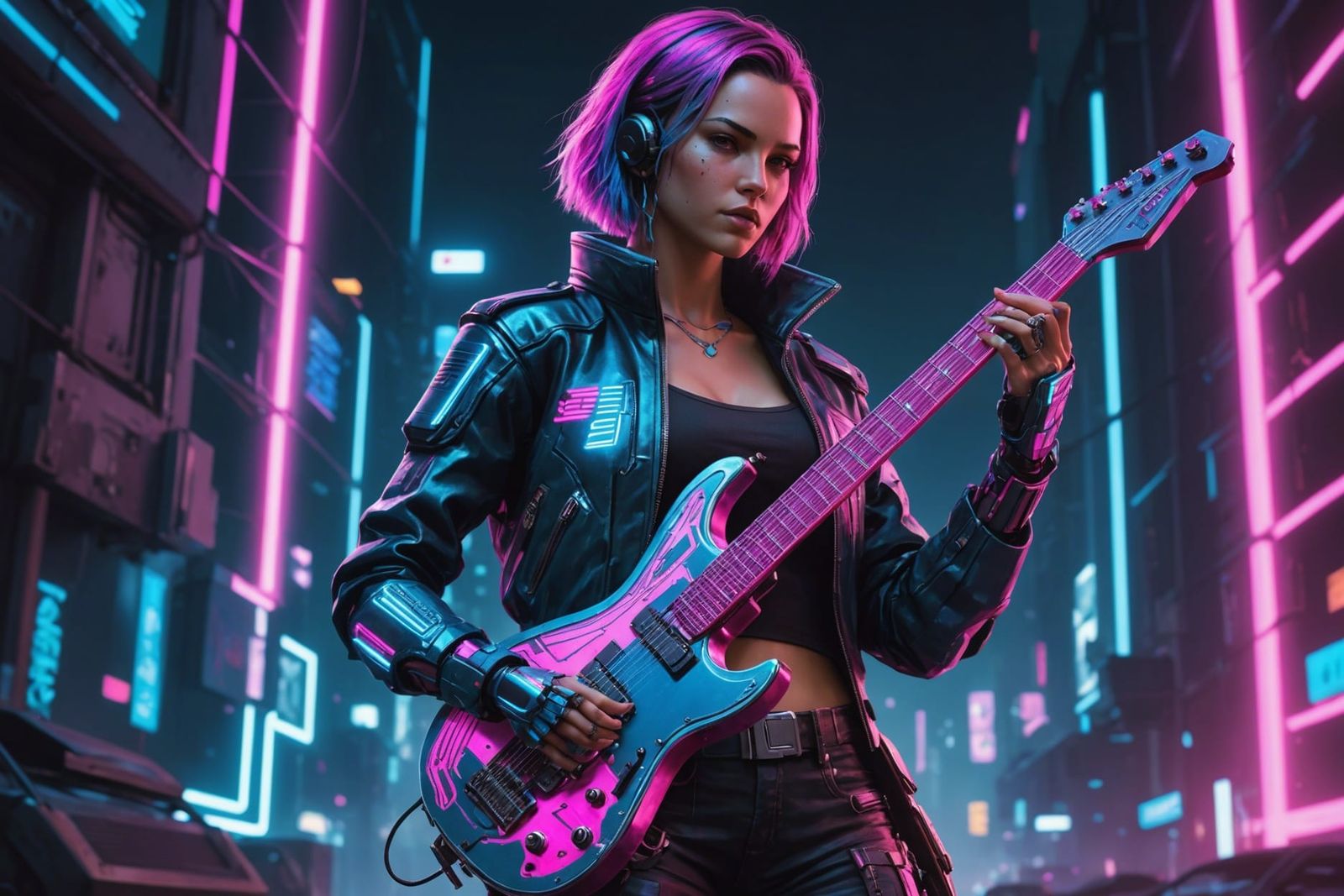 Cyberpunk Robot Girl Guitarist in Neon Colors