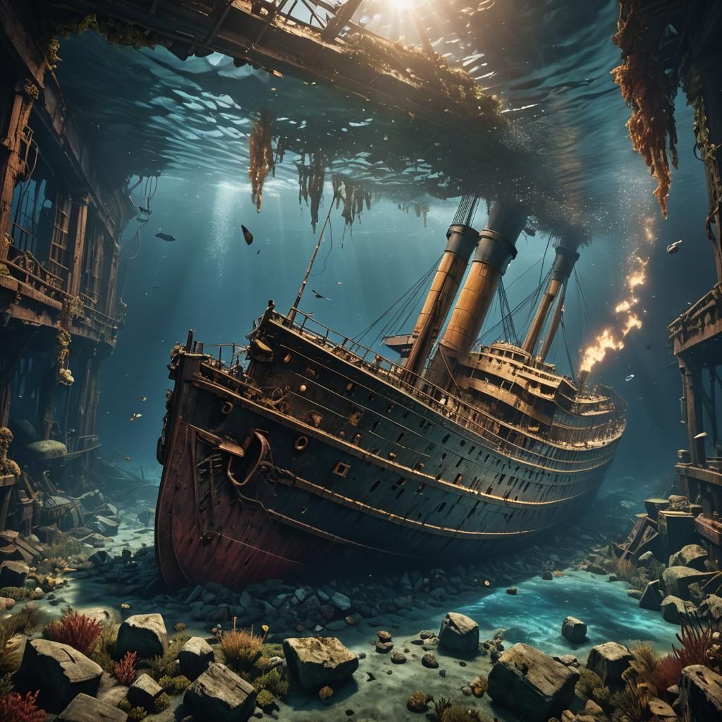 Titanic Wreckage Underwater in Detailed Matte Painting