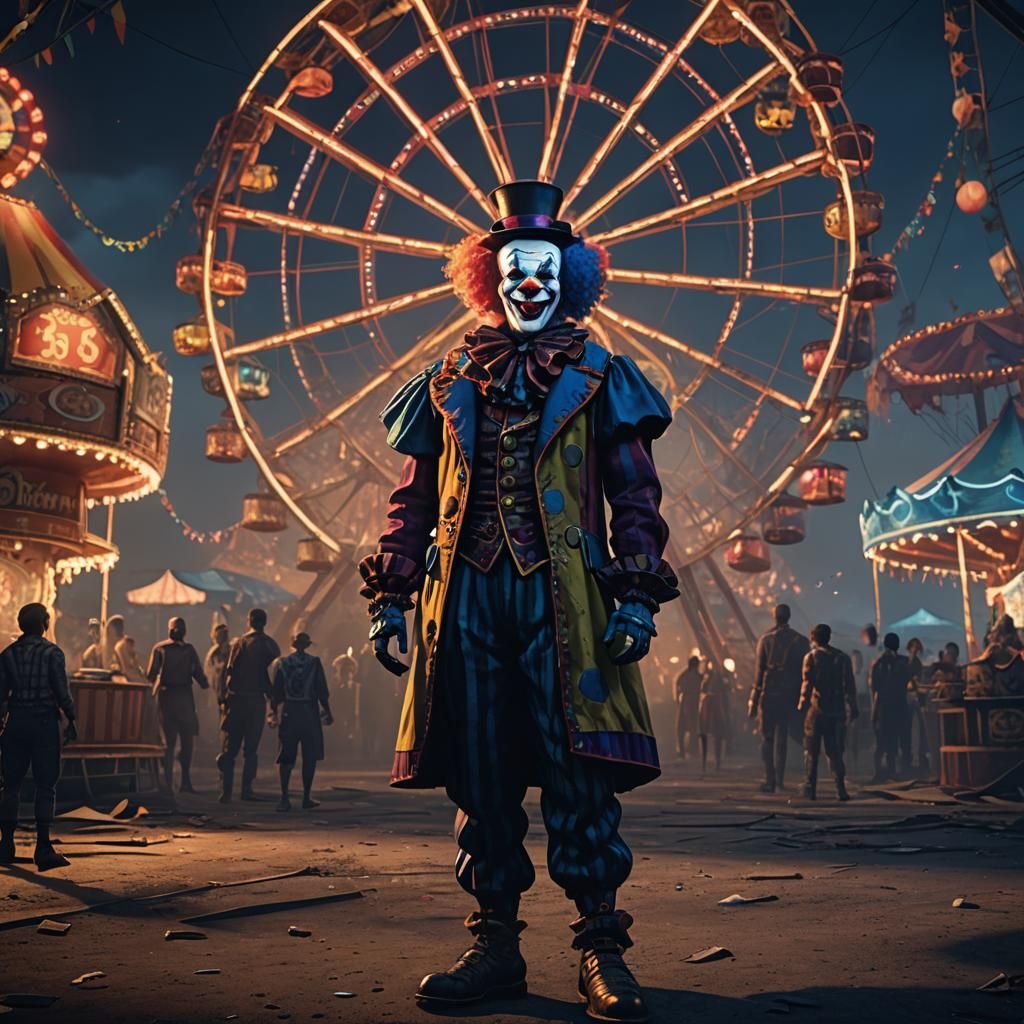 Clown in Abandoned Carnival: Unreal Engine 5 Concept Art