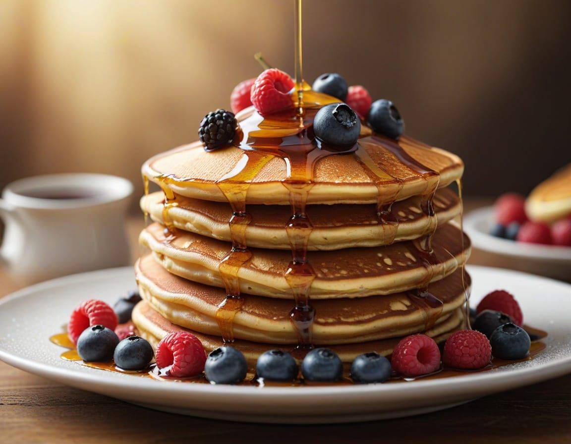 Golden Brown Pancakes with Fresh Berries and Maple Syrup